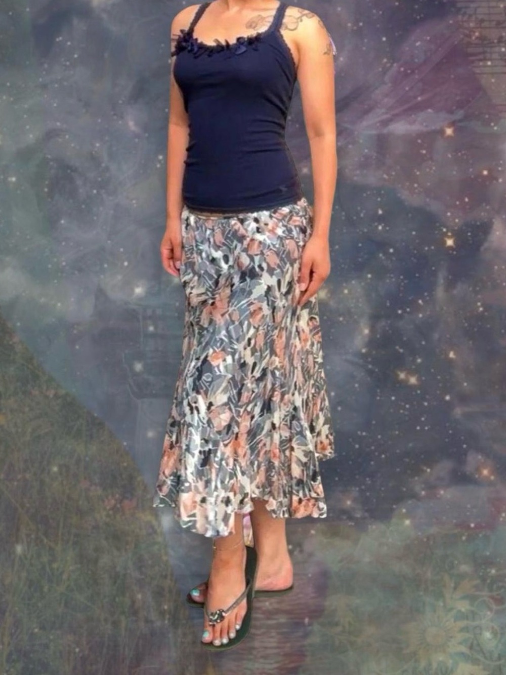 Vintage Y2K Silk Ruffle Midi Skirt Anne Klein Floral Print in Peach & Gray